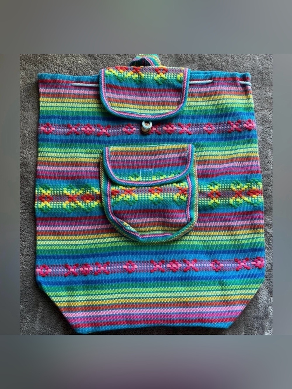 Handmade Embroidered Blue/Pink/Green Striped Backpack